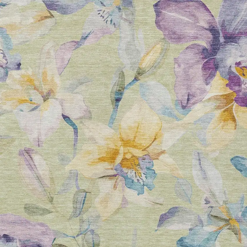 Artichoke Green Gold And Lavender Floral Washable Indoor Outdoor Area Rug Photo 7