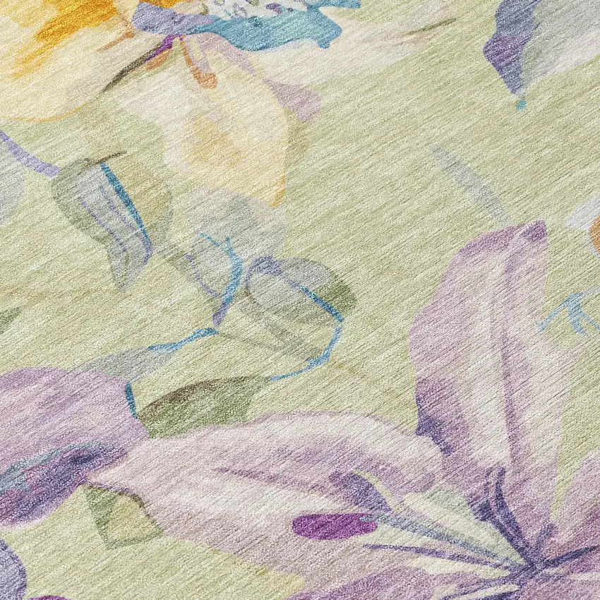 Artichoke Green Gold And Lavender Floral Washable Indoor Outdoor Area Rug Photo 4