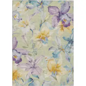 Photo of Artichoke Green Gold And Lavender Floral Washable Indoor Outdoor Area Rug