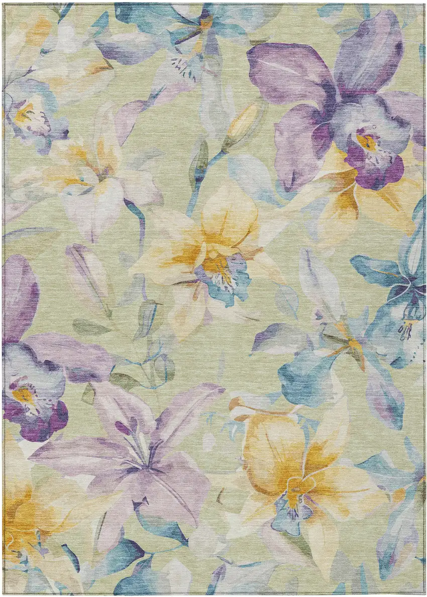 Artichoke Green Gold And Lavender Floral Washable Indoor Outdoor Area Rug Photo 1