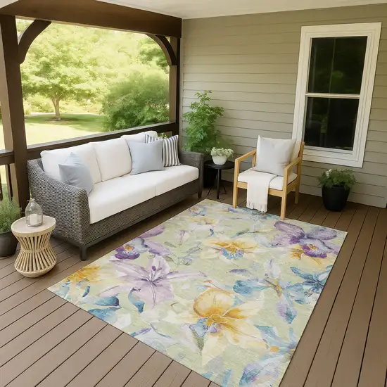 Artichoke Green Gold And Lavender Floral Washable Indoor Outdoor Area Rug Photo 7