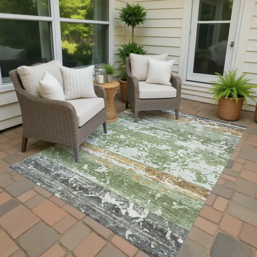 Artichoke Green Gold And Pewter Striped Washable Indoor Outdoor Area Rug Photo 3