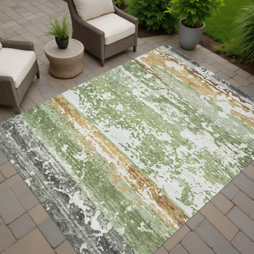 Artichoke Green Gold And Pewter Striped Washable Indoor Outdoor Area Rug Photo 6