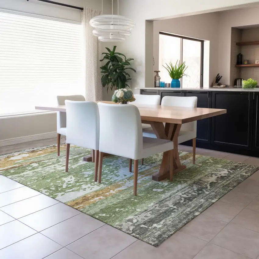 Artichoke Green Gold And Pewter Striped Washable Indoor Outdoor Area Rug Photo 6