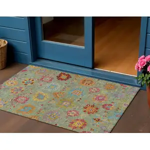 Photo of Artichoke Green Gold And Pink Damask Washable Indoor Outdoor Area Rug