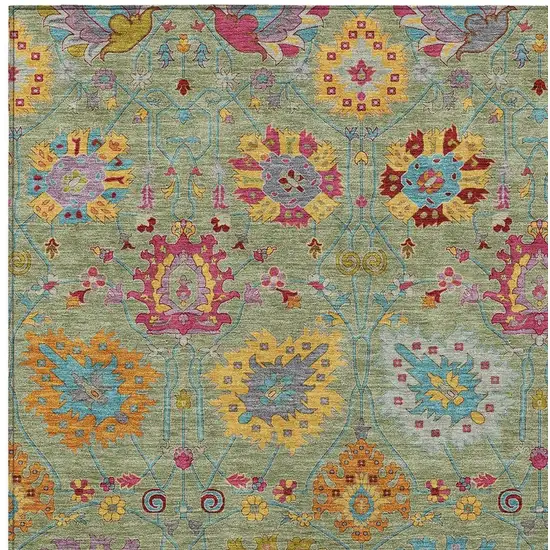 Artichoke Green Gold And Pink Damask Washable Indoor Outdoor Area Rug Photo 4