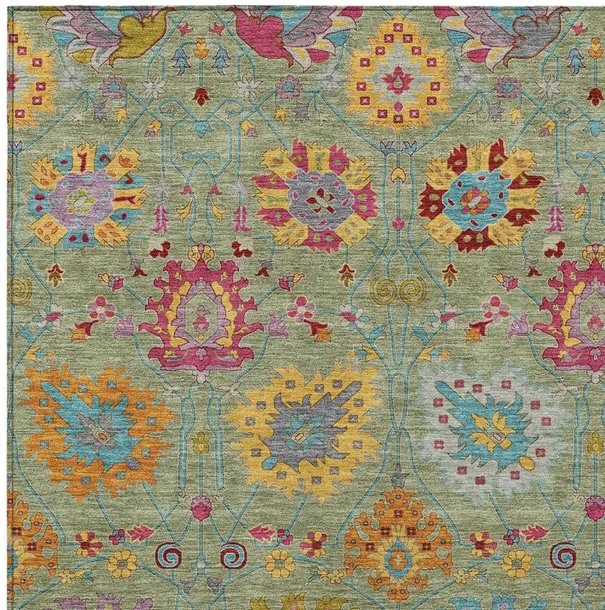 Artichoke Green Gold And Pink Damask Washable Indoor Outdoor Area Rug Photo 4