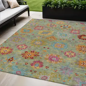 Photo of Artichoke Green Gold And Pink Damask Washable Indoor Outdoor Area Rug