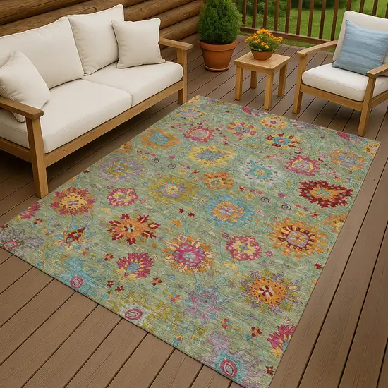 Artichoke Green Gold And Pink Damask Washable Indoor Outdoor Area Rug Photo 9