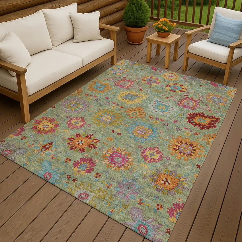 Artichoke Green Gold And Pink Damask Washable Indoor Outdoor Area Rug Photo 9