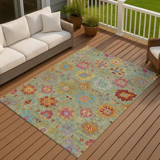Artichoke Green Gold And Pink Damask Washable Indoor Outdoor Area Rug Photo 7