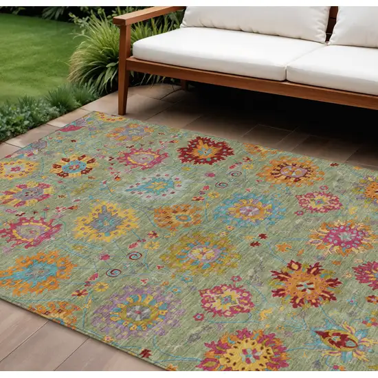 Artichoke Green Gold And Pink Damask Washable Indoor Outdoor Area Rug Photo 1