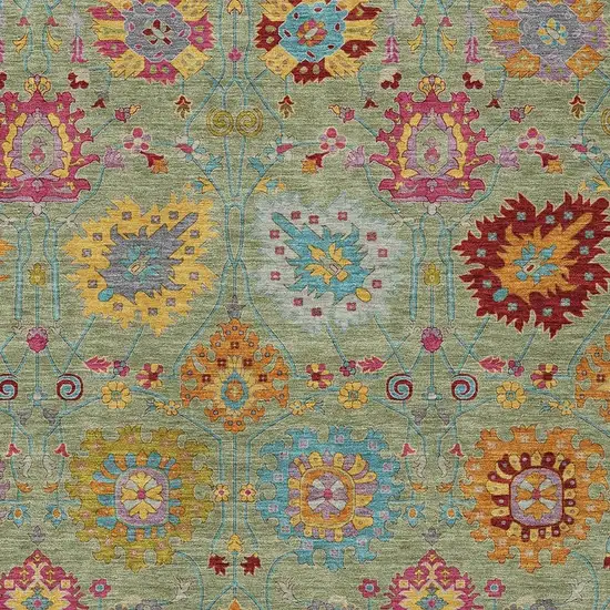 Artichoke Green Gold And Pink Damask Washable Indoor Outdoor Area Rug Photo 7