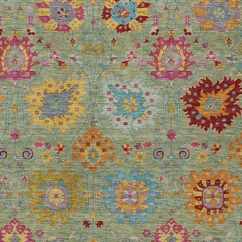 Artichoke Green Gold And Pink Damask Washable Indoor Outdoor Area Rug Photo 7