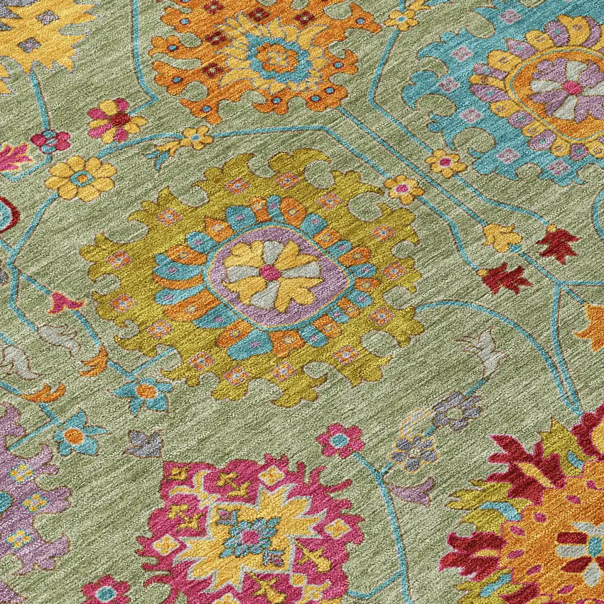 Artichoke Green Gold And Pink Damask Washable Indoor Outdoor Area Rug Photo 8