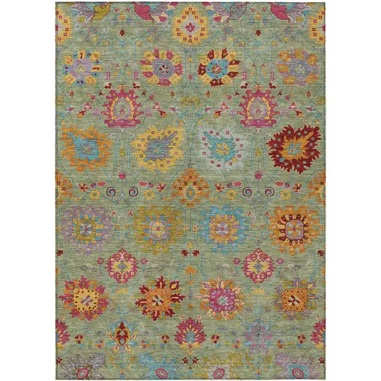 Artichoke Green Gold And Pink Damask Washable Indoor Outdoor Area Rug Photo 2