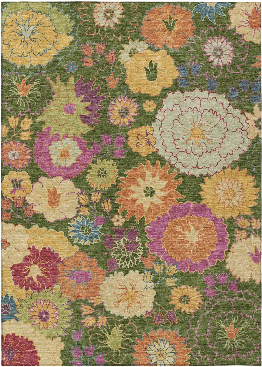 Artichoke Green Gold And Pink Floral Washable Indoor Outdoor Area Rug Photo 2