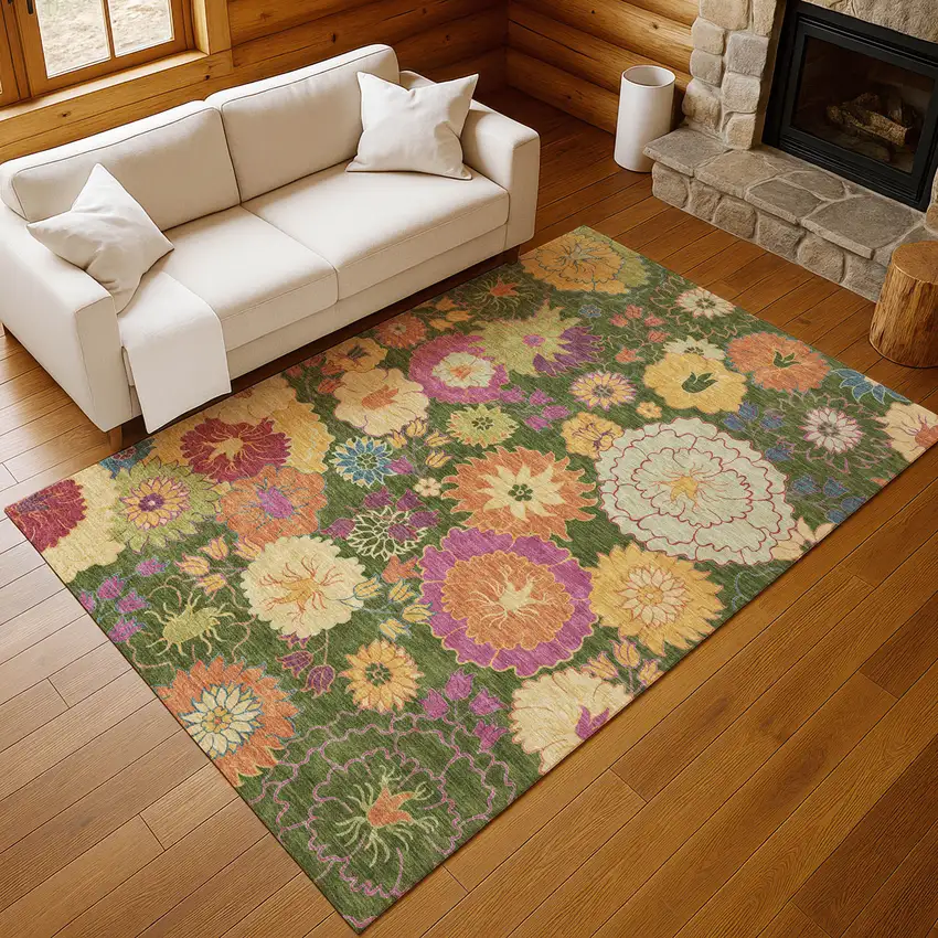 Artichoke Green Gold And Pink Floral Washable Indoor Outdoor Area Rug Photo 9