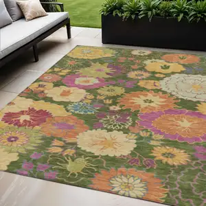 Photo of Artichoke Green Gold And Pink Floral Washable Indoor Outdoor Area Rug