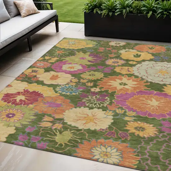 Artichoke Green Gold And Pink Floral Washable Indoor Outdoor Area Rug Photo 1