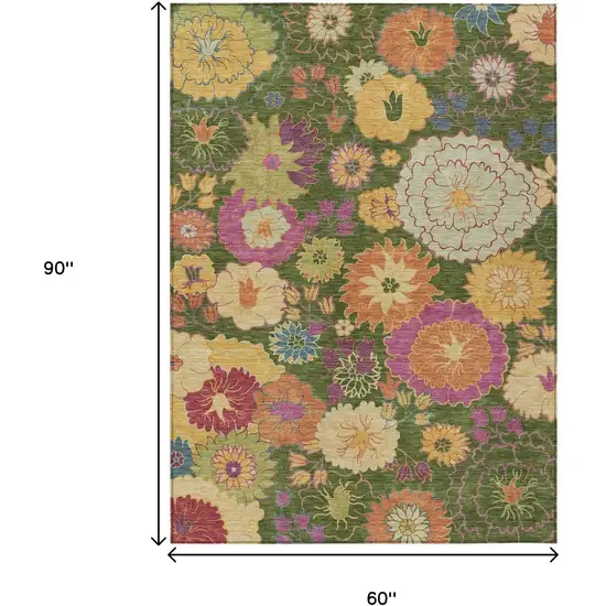 Artichoke Green Gold And Pink Floral Washable Indoor Outdoor Area Rug Photo 3