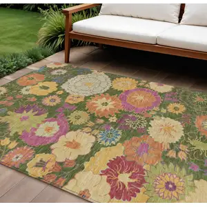 Photo of Artichoke Green Gold And Pink Floral Washable Indoor Outdoor Area Rug
