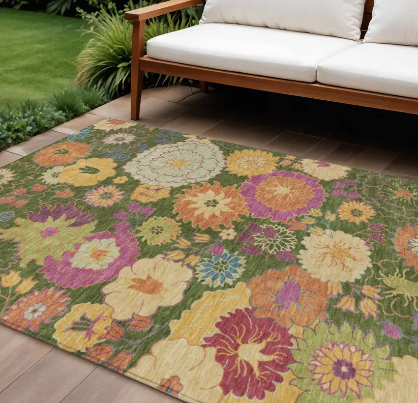 Artichoke Green Gold And Pink Floral Washable Indoor Outdoor Area Rug Photo 1