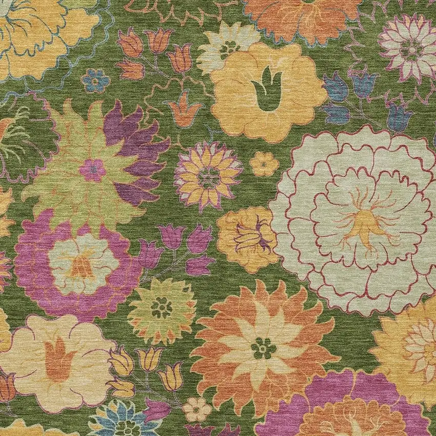 Artichoke Green Gold And Pink Floral Washable Indoor Outdoor Area Rug Photo 7