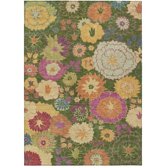 Artichoke Green Gold And Pink Floral Washable Indoor Outdoor Area Rug Photo 2