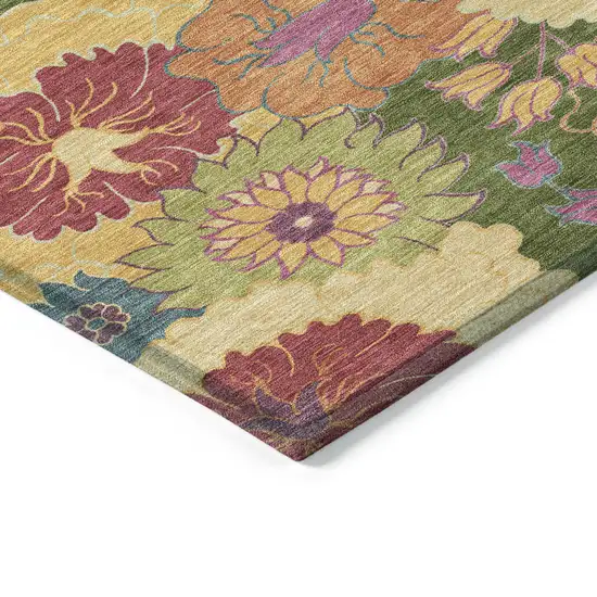 Artichoke Green Gold And Pink Floral Washable Indoor Outdoor Area Rug Photo 5