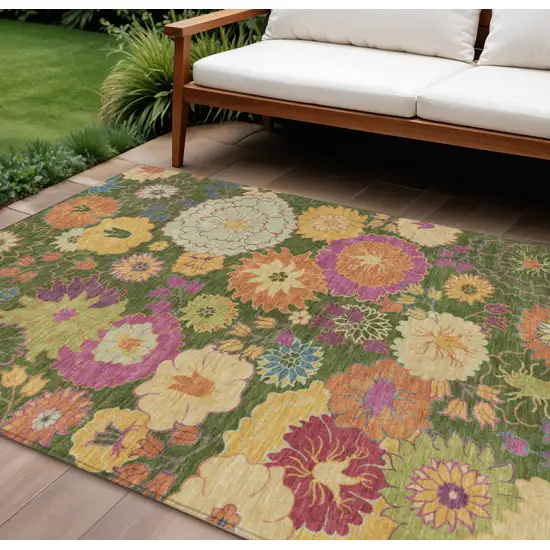 Artichoke Green Gold And Pink Floral Washable Indoor Outdoor Area Rug Photo 1