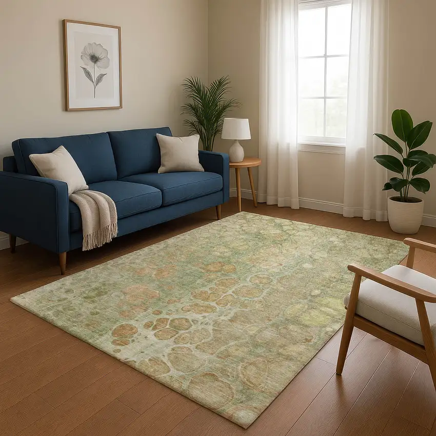 Artichoke Green Gray And Beige Abstract Washable Area Rug With UV Protection Photo 5