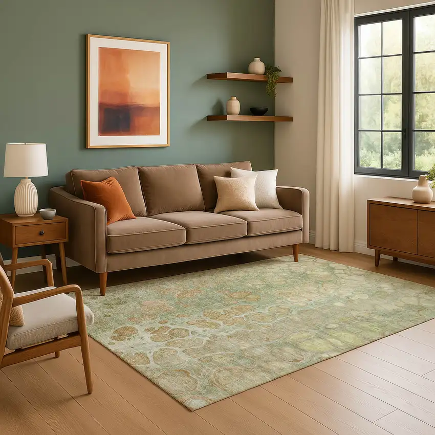 Artichoke Green Gray And Beige Abstract Washable Area Rug With UV Protection Photo 6