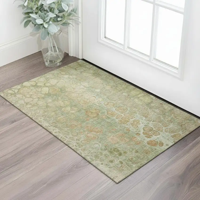 Artichoke Green Gray And Beige Abstract Washable Area Rug With UV Protection Photo 2