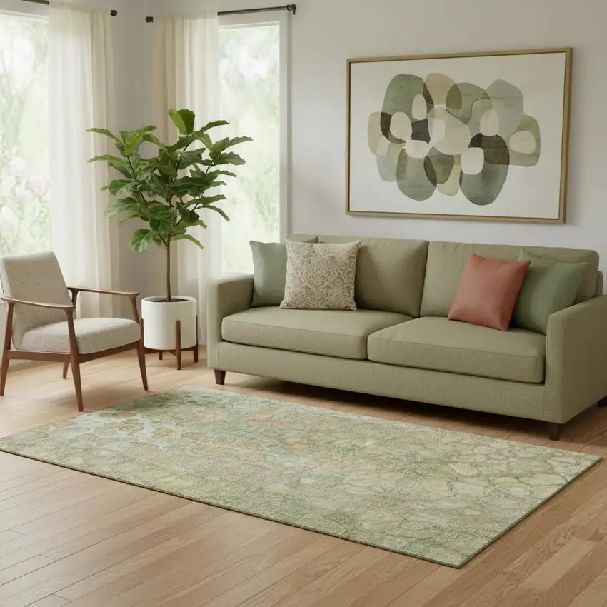 Artichoke Green Gray And Beige Abstract Washable Area Rug With UV Protection Photo 2