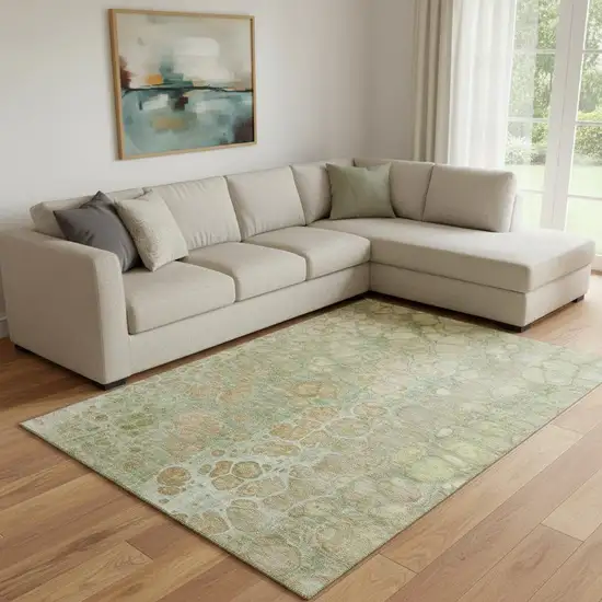 Artichoke Green Gray And Beige Abstract Washable Area Rug With UV Protection Photo 2
