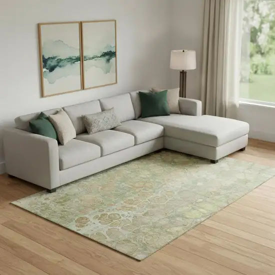 Artichoke Green Gray And Beige Abstract Washable Area Rug With UV Protection Photo 2