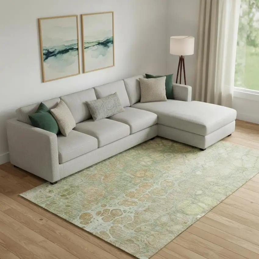 Artichoke Green Gray And Beige Abstract Washable Area Rug With UV Protection Photo 2