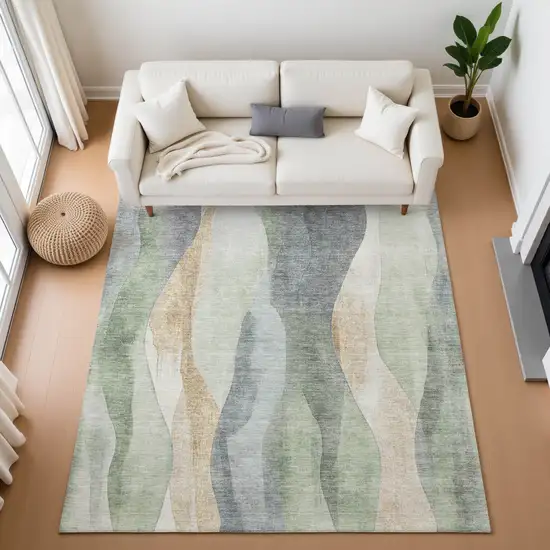 Artichoke Green Gray And Beige Abstract Washable Area Rug With UV Protection Photo 5