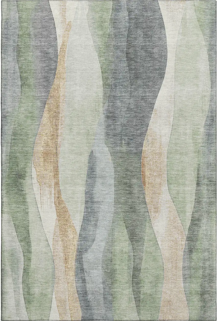 Artichoke Green Gray And Beige Abstract Washable Area Rug With UV Protection Photo 7