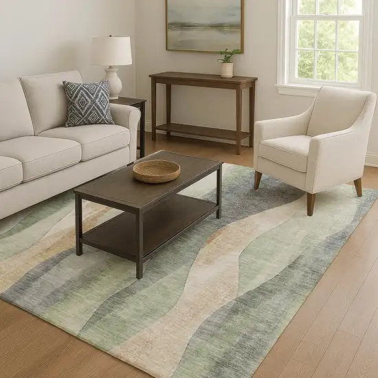 Artichoke Green Gray And Beige Abstract Washable Area Rug With UV Protection Photo 6
