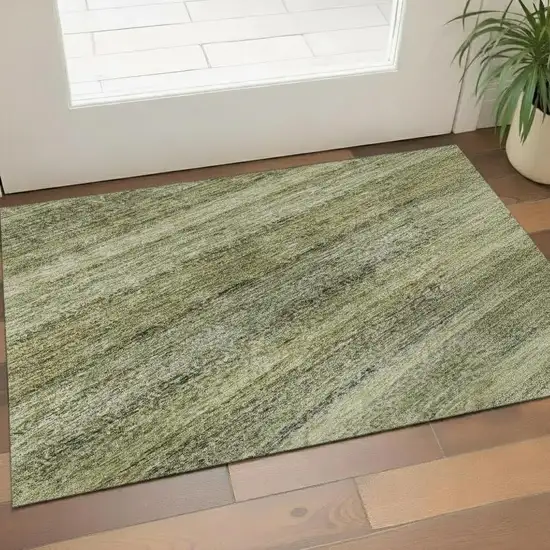 Artichoke Green Gray And Beige Striped Washable Area Rug With UV Protection Photo 2