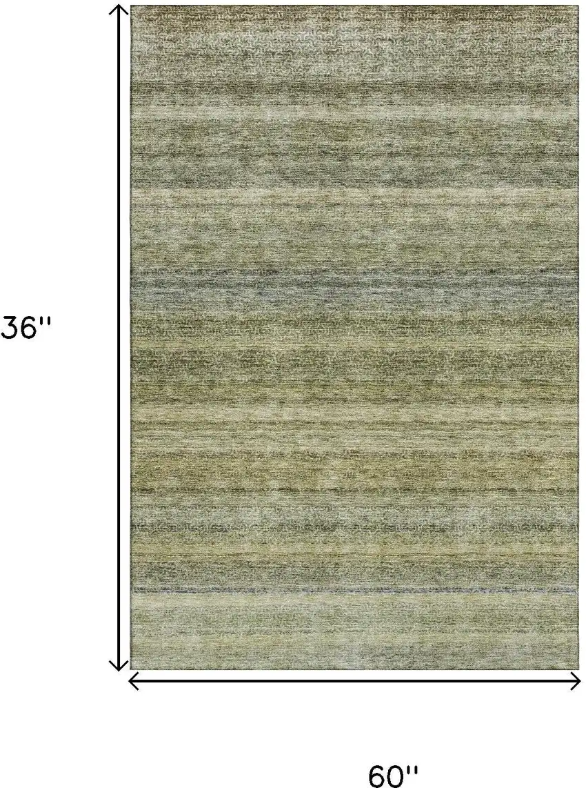 Artichoke Green Gray And Beige Striped Washable Area Rug With UV Protection Photo 3
