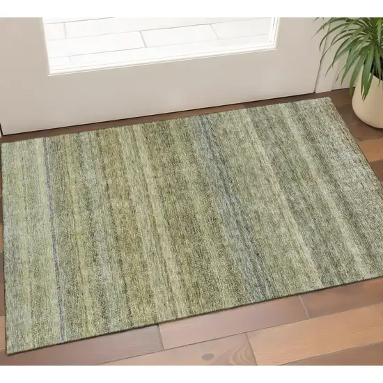 Artichoke Green Gray And Beige Striped Washable Area Rug With UV Protection Photo 1