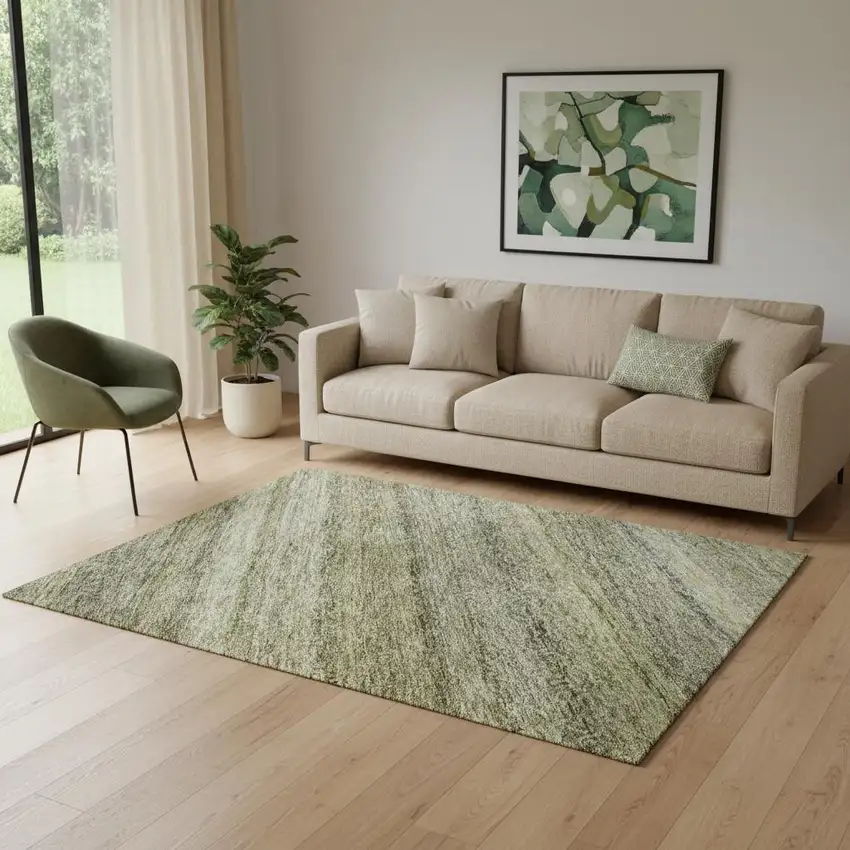 Artichoke Green Gray And Beige Striped Washable Area Rug With UV Protection Photo 2