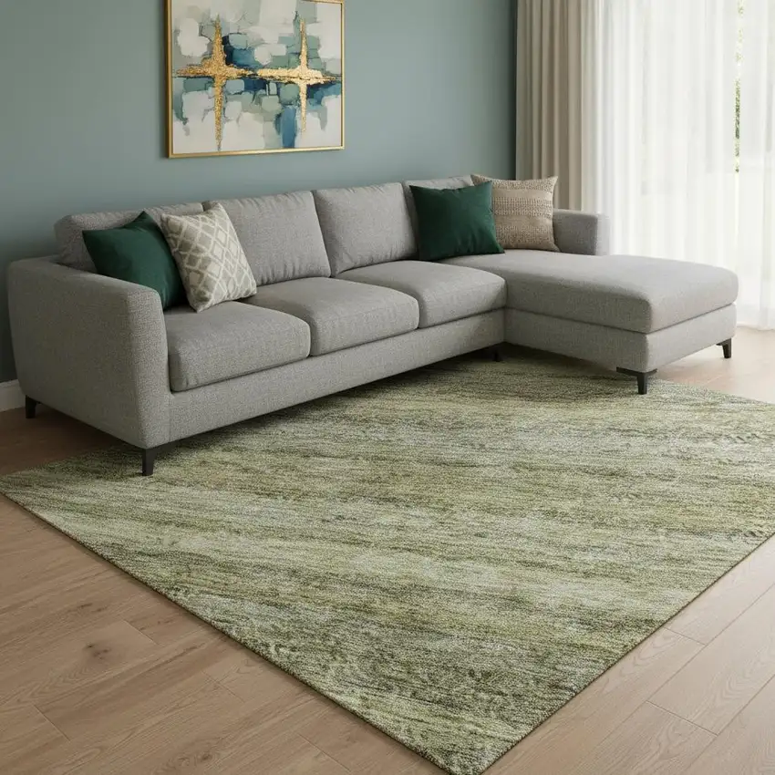 Artichoke Green Gray And Beige Striped Washable Area Rug With UV Protection Photo 1