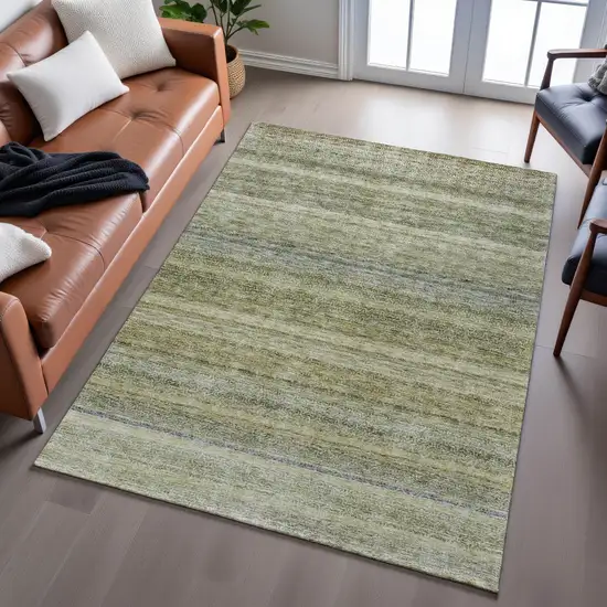 Artichoke Green Gray And Beige Striped Washable Area Rug With UV Protection Photo 5