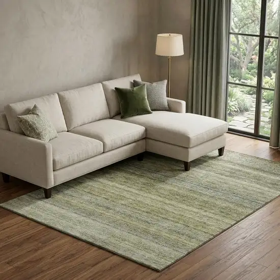 Artichoke Green Gray And Beige Striped Washable Area Rug With UV Protection Photo 1