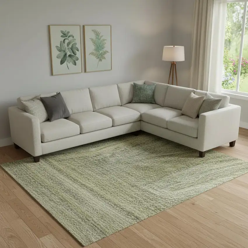 Artichoke Green Gray And Beige Striped Washable Area Rug With UV Protection Photo 2