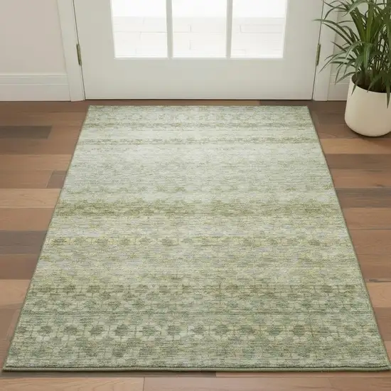 Artichoke Green Gray And Beige Striped Washable Area Rug With UV Protection Photo 2